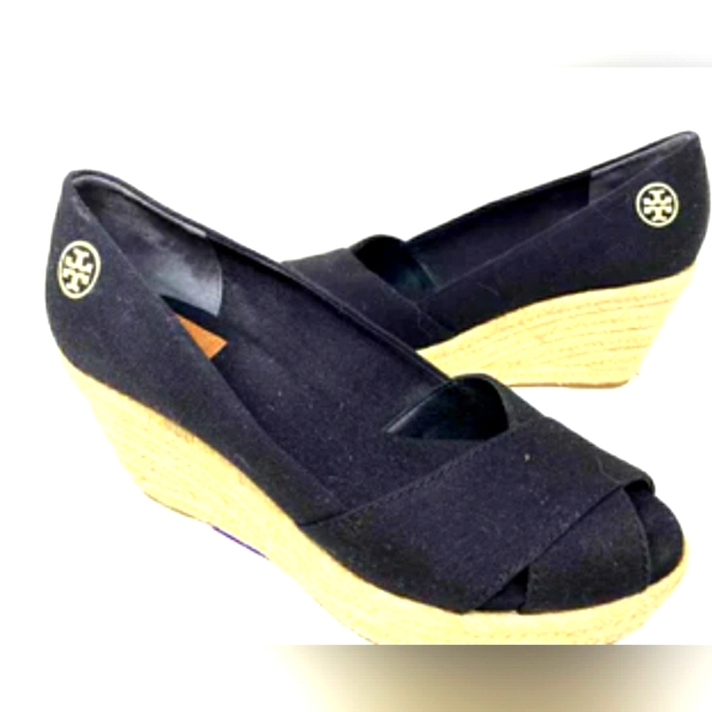 Tory Burch Designer Navy Blue Selma peep toe Wedge Espadrille Heel Size 6